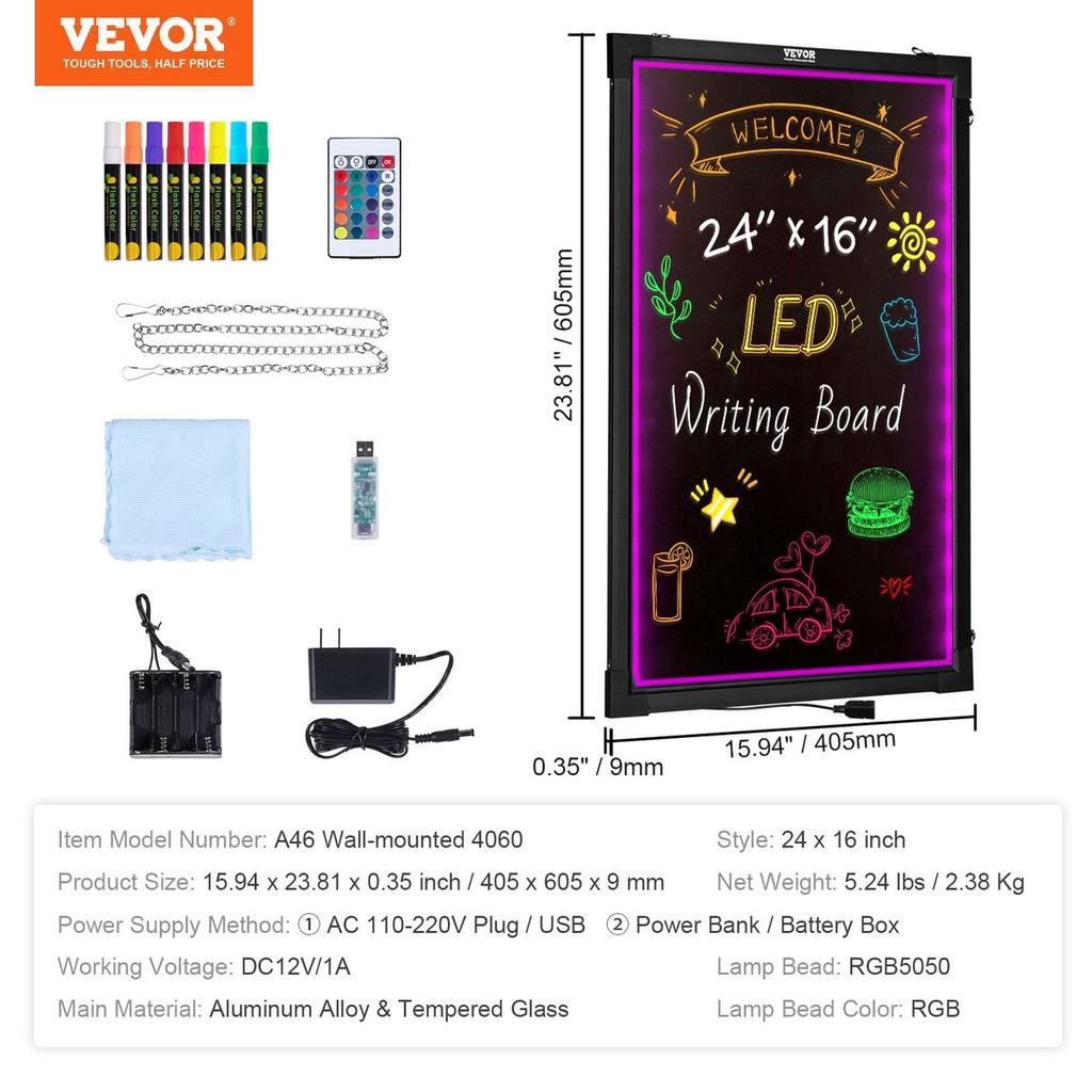 LED Message Writing Board, 24 X 16 Inch Illuminated Erasable Chalkboard, Neon Effect Menu Sign, Drawing Board with 8 Fluorescent Chalk Markers and