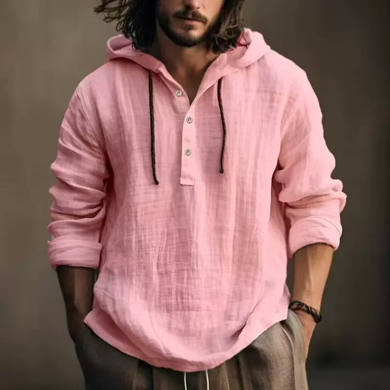 Men Hooded Cotton Linen Long Sleeve Shirt, Spring Summer Casual Hoodie Shirt