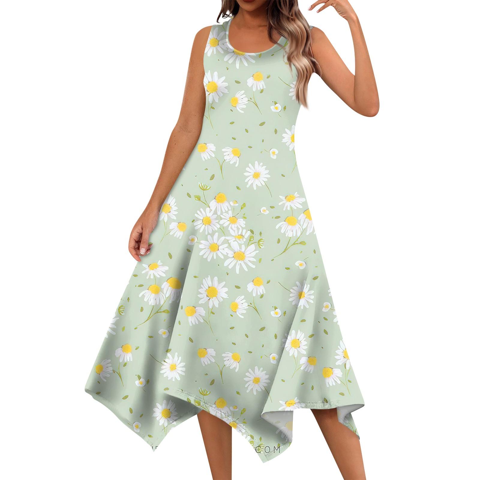 

Женское повседневное модное платье миди без рукавов с круглым вырезом и цветочным принтом, нерегулярный подол M