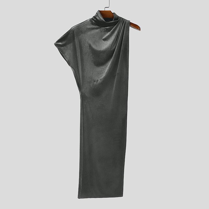 

INCERUN Мужской водолазка с одним рукавом, блестящий, с высокими разрезами, повседневный длинный топ, футболки 5XL серый