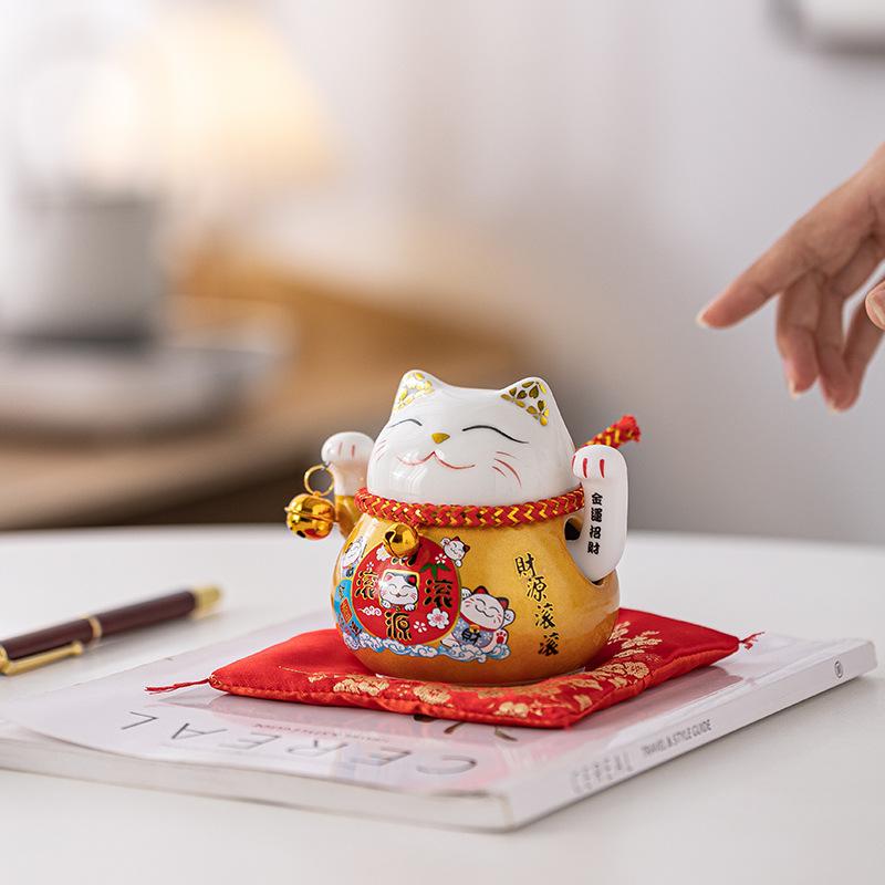 4.5 Inch Ceramic Fortune Cat with Waving Arm, Porcelain Maneki-neko Lucky Beckoning Cats Home Office Decor, Gift for Prosperity