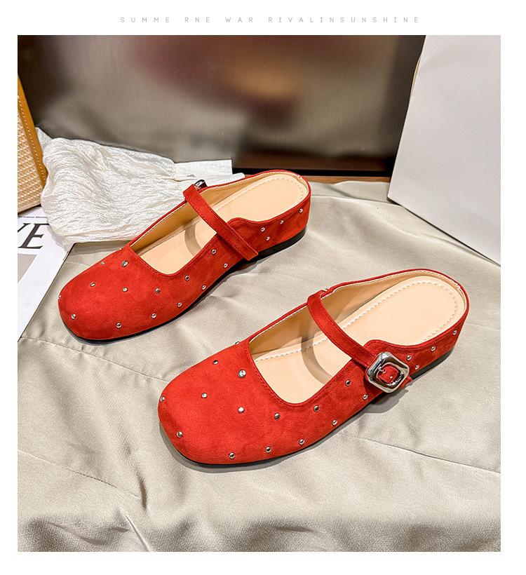 Inner height increase 5cm cool slippers women's 2025 summer new one-word buckle with Mary Jane shoes retro rivet half slippers