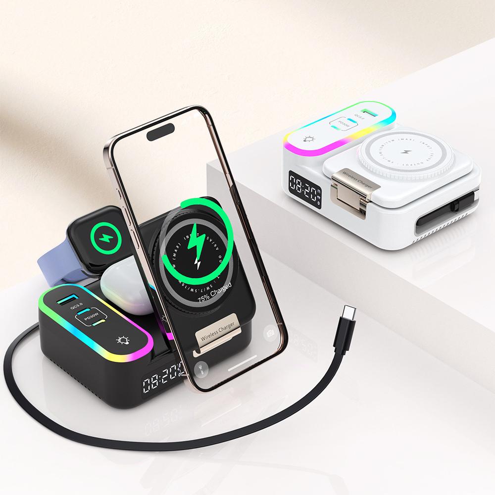 8 in 1 Magnetic Wireless Charger Retractable USB-C Cable RGB Ambient Light Alarm Clock Multi-Device Desk Station