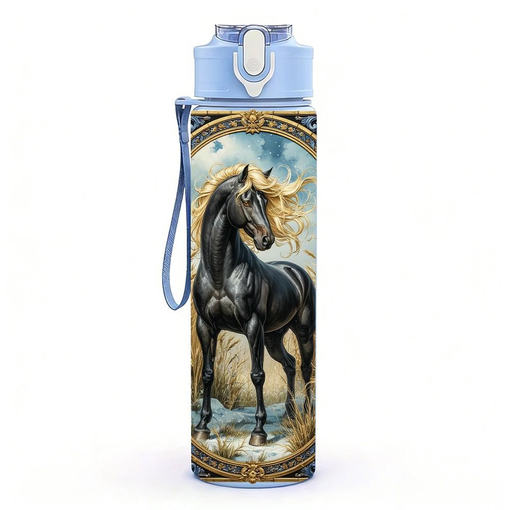 1PC Vintage Horse Antique Oil Painting Style 750ml Color Plastic Sports Water Bottle Leakproof Flip Straw Lid Suitable for Sports Office Home Use