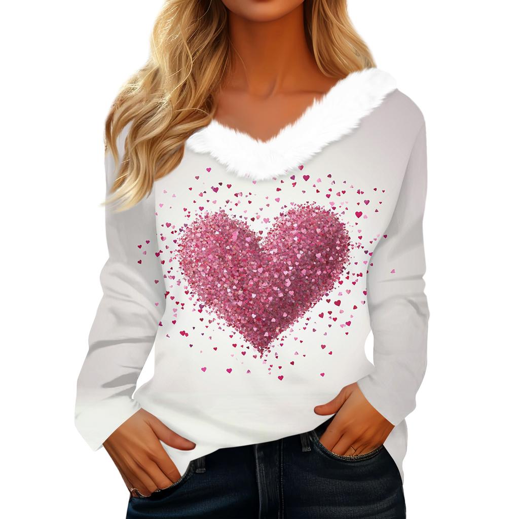 Damen Valentinstag Bedrucktes Langarmshirt, V-Ausschnitt, Lässiges Locker sitzendes T-Shirt Oberteil