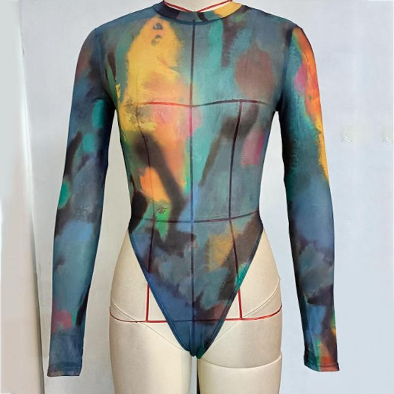

Женский комбинезон Street Round Neck Long Sleeve Sexy Tie-Dye Printed Mesh Slim T Shirt Bodysuit L разноцветный