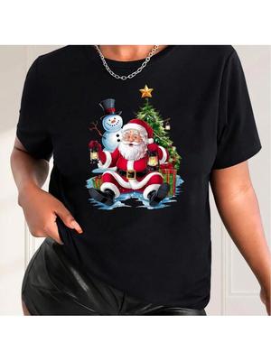 S Christmas Santa & Snowman Print T-Shirt, Casual Round Neck Short Sleeve Tee, Stretch Knit Fabric, Festive Holiday Top Fo