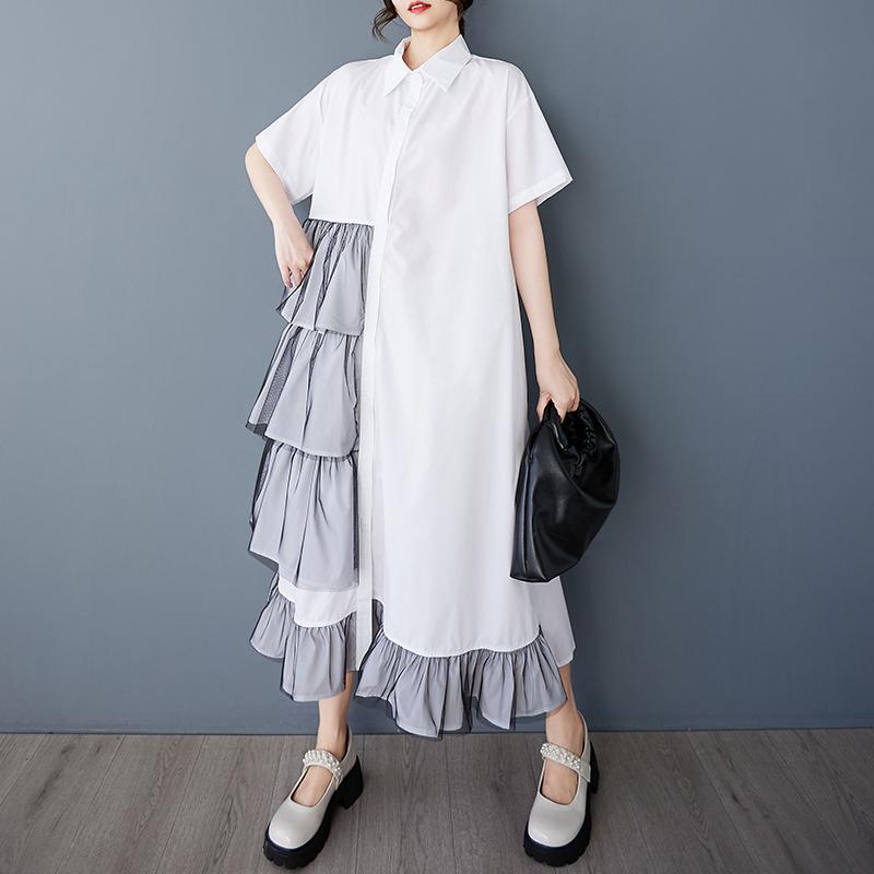 

DIMANAF 2025 Women Plus Size Summer Dress Casual Dress Basic Vintage Lace Spliced Buttons Loose Long Dress One Size белый