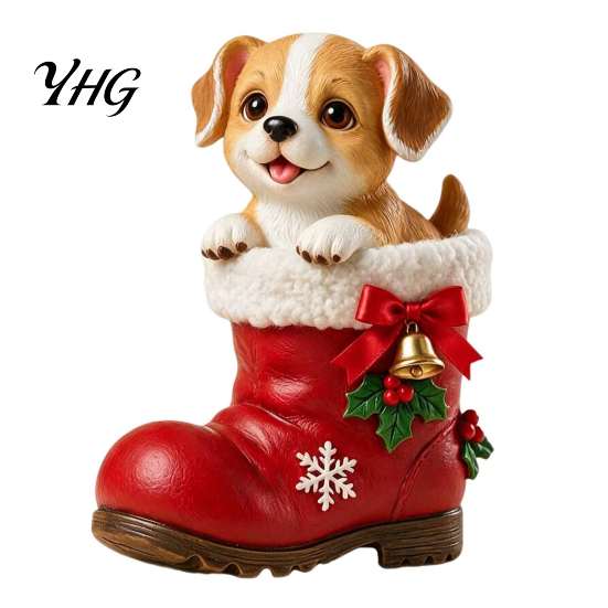 Seasonal Living Room Accents Christmas Puppy in Santa Boot Resin Figurine, Cute Dog Holiday Tabletop Decor with Theme Desktop Bow Bell Holly, Festive