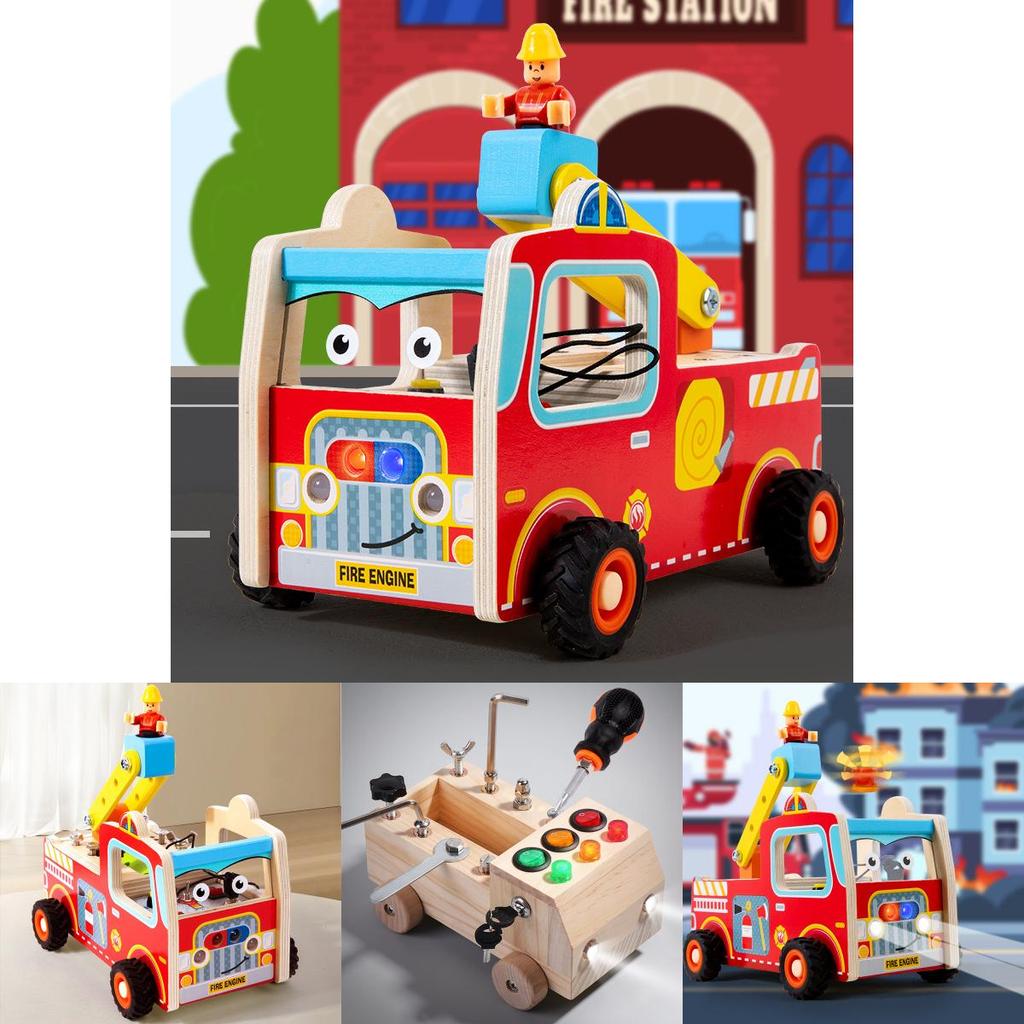 Wooden Led Fire Truck Puzzle Toy With Screwdriver Set For Early Education Kids