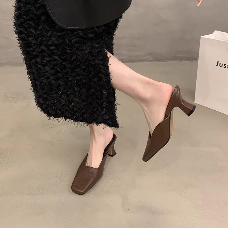 Slippers Wear Women's High-heeled Bag Head and Half Thick-heeled Temperament, Not Tired Feet, New Shoes In Spring and Summer 2025, Light-mouth Si