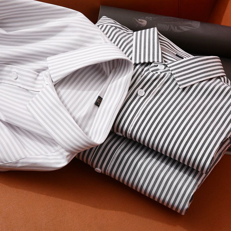 Classic Stripes, Good Elasticity, Easy to Wear, Men's Commuter Wrinkle-Free Shirt, Casual Turn-Down Collar Long-Sleeve Shirt for Men