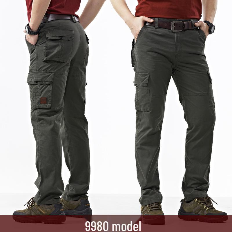 Men's Spring Cargo Pants - Thick, Loose, Straight-Leg, Multi-Pocket, Plus Size, Pure Cotton Trousers