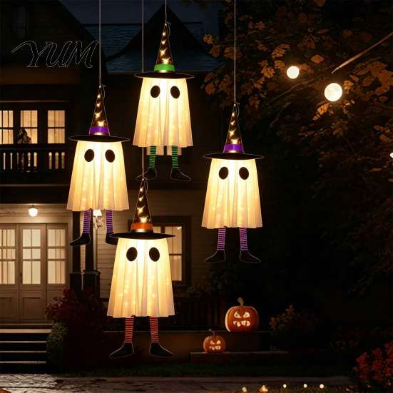 Mysterious Glow Yard Decor Halloween Hanging Ghost Decoration with Witch Hat And Leg, LED Lighted Spooky Indoor Party Ornaments Floating for