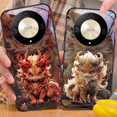 Chinese Style Lion For Honor Magic 6 50 70 90 Lite X7b 200 Pro Nova 10 Nova 5T X6 P30 Pura 70 Ultra Tempered Glass Phone Case