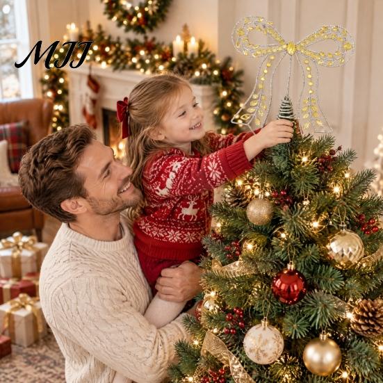 Indoor Festive Window Ornament Iron Bow Christmas Tree Topper, Gold Rhinestone Hollow-Cut Metal Light Luxury Holiday Party Decor with Spiral