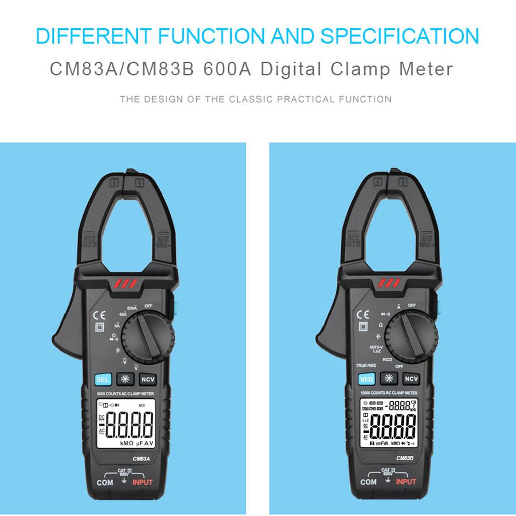  Digital Clamp Meter 600A AC Current 600V AC/DC Voltage Capacitance Measurement Data Hold Backlight NCV Tester Multimeter