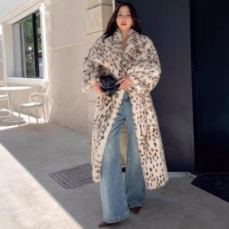 Leopard Print Imitation Fur Coat Women's Large Lapel Loose Imitation Fox Hair Coat Autumn and Winter Thickened Long Mink Hair Coat