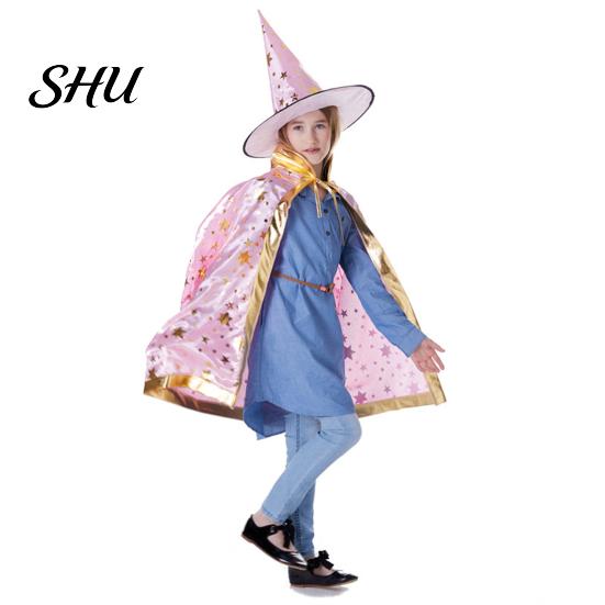 Breathable Witch Cape Adjustable Halloween Pentagram Printing with Wizard Costume Young Adults Hat Hand Bag Comfortable Kids