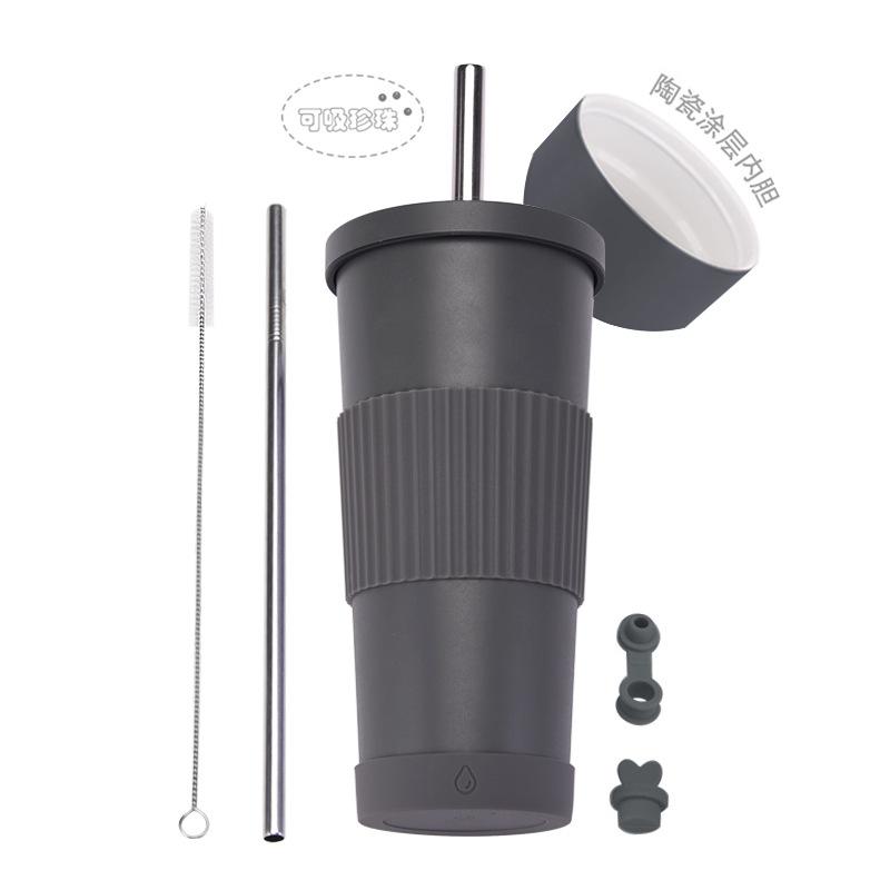 2025710Ml Stainless Steel Straw Cup Female Ceramic Liner Milk Tea Cup Non-Slip Portable Straw Thermos Cup