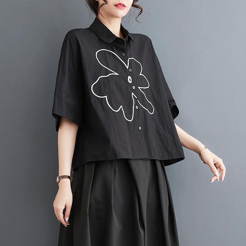 

DIMANAF 2023 Женское лето Новый дизайн в стиле ретро Вышитая цветочная рубашка с коротким рукавом Свободный пригородный жир MM Топ сплошной