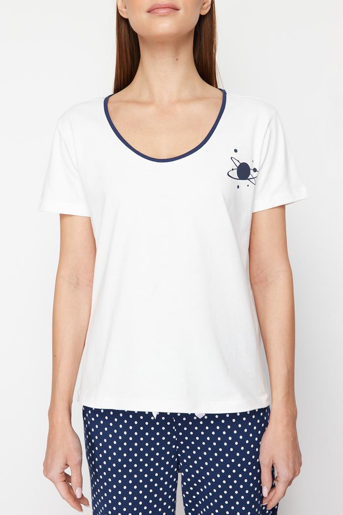 Women's Fashion New Pajama Set White-Multicolor Cotton Polka Dot Knitted Pajama Set