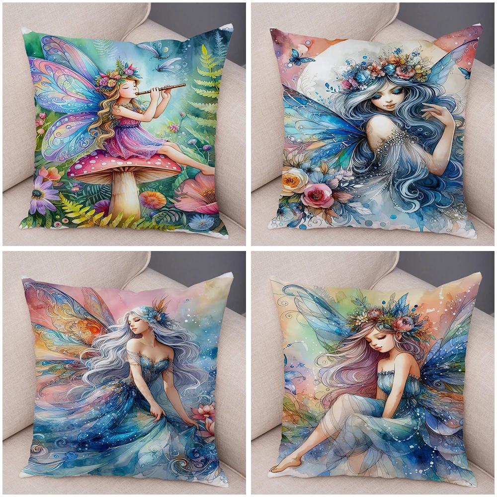 Niedlicher Cartoon Waldmädchen Elfen Kissenbezug Doppelseitig bedruckter Kissenbezug Deko für Sofa Zuhause Superweicher Plüsch Kissenbezug 40x40cm