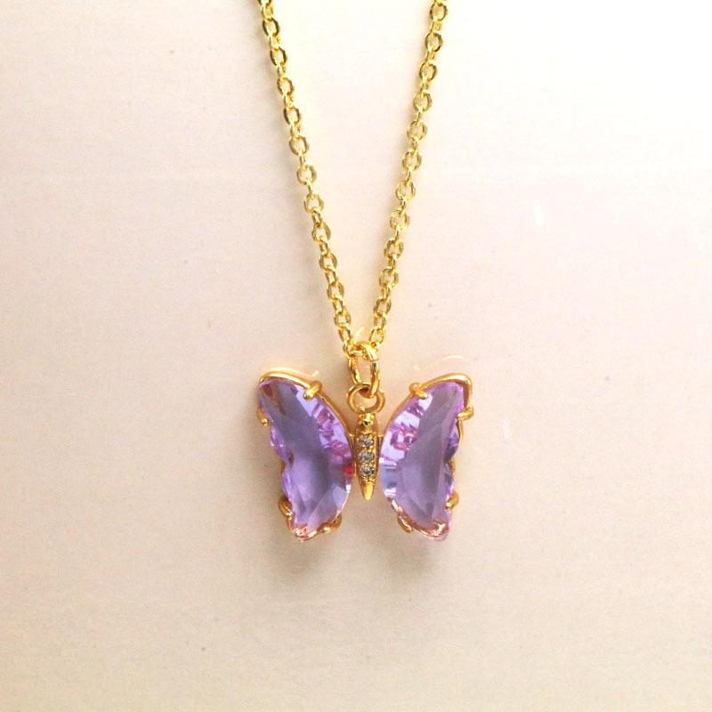 Koreanskt flerfärgat kristallfjärilshalsband - Guldpläterad titanstål nyckelbenskedja för kvinnor