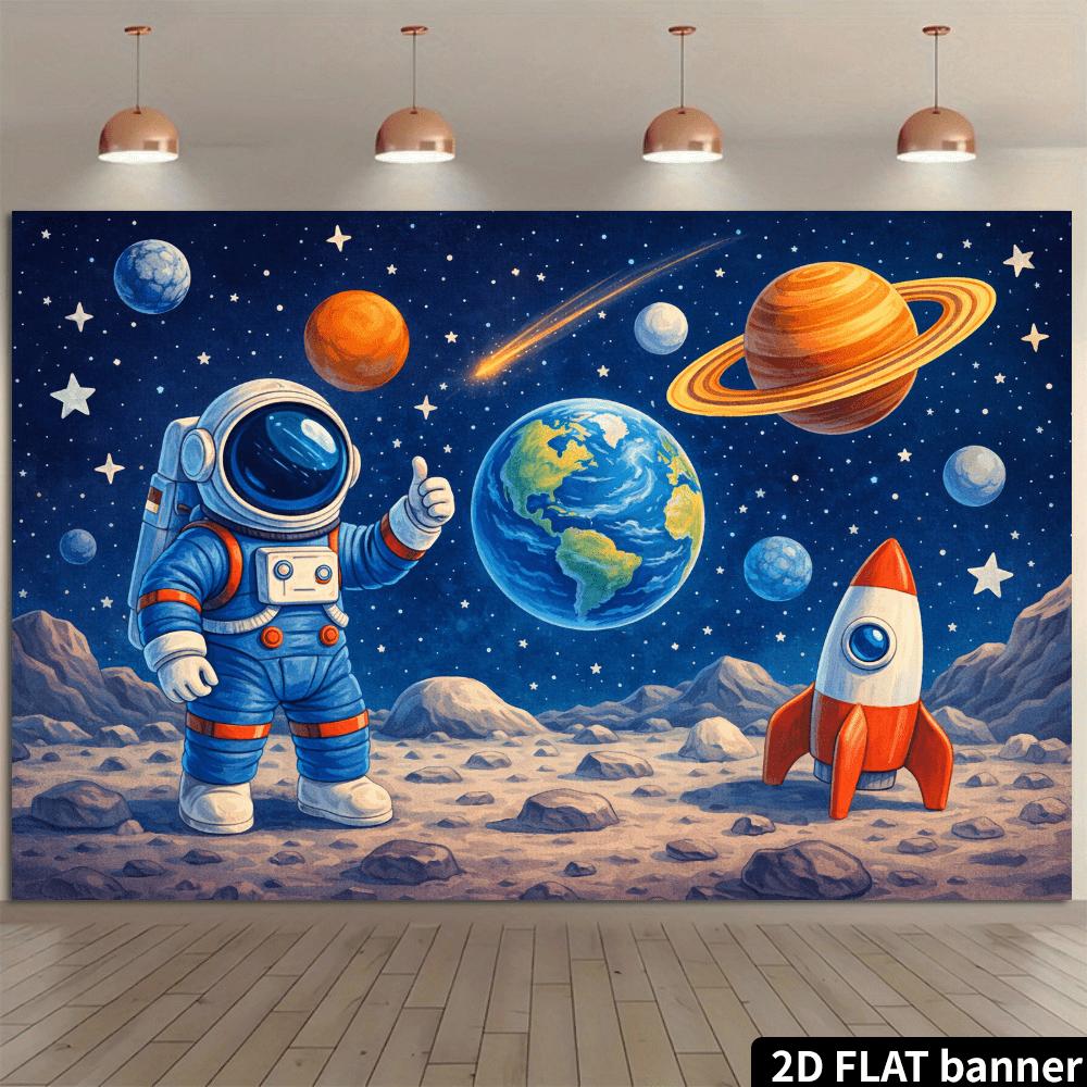 2D plane blue spacesuit astronaut background fabric. Cartoon astronaut wearing blue spacesuit giving a thumbs-up gesture. 47.2x31.5inch/120*80cm