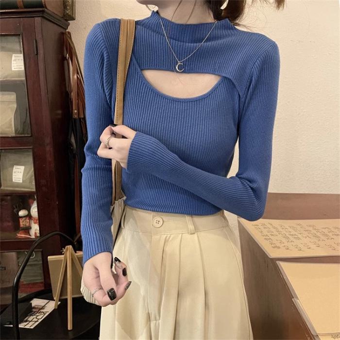Women's Black Hollow Out Half-High Neck Sweater - Autumn/Winter Trendy, Versatile Knit Base Layer
