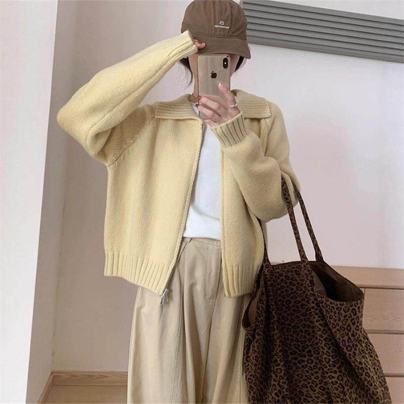 High-end Fashion Lapel Double Zipper Sweater Women's Autumn and Winter New Lazy Style Casual Knitted Cardigan Jacket