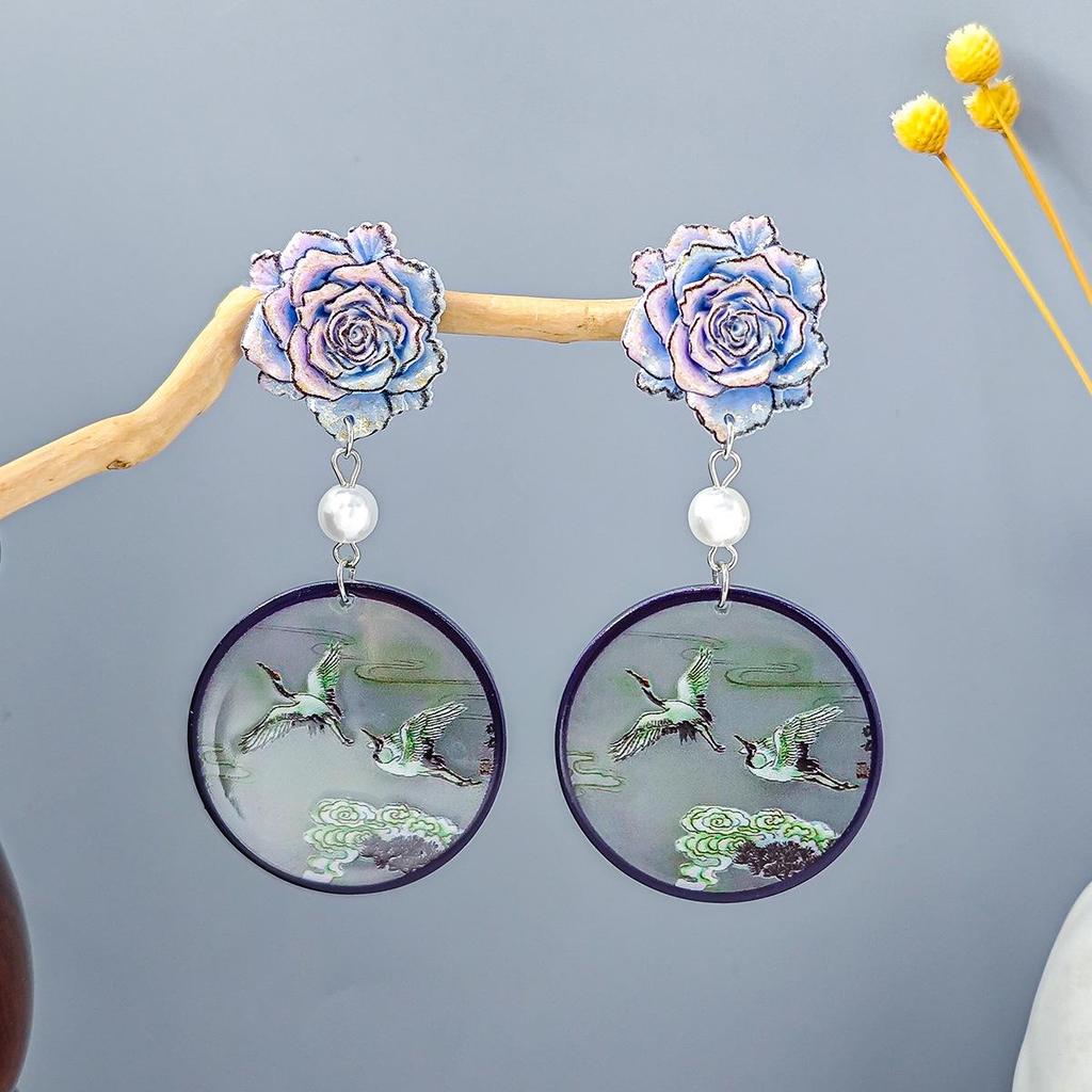 Ancient Chinese Style Beaded Tassel Earrings with Flower Fan and Bowknot