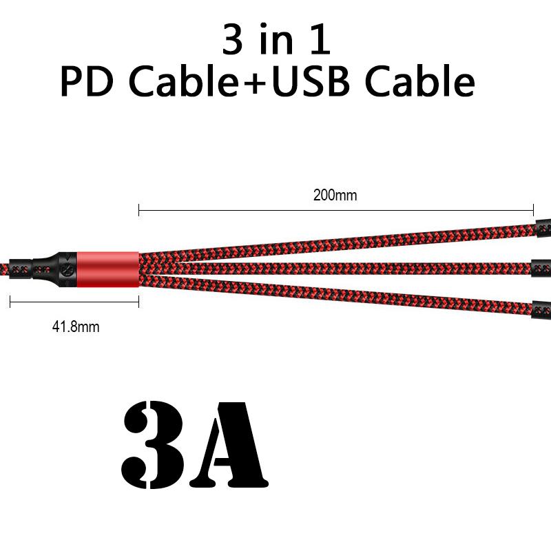 Nylon Braided 3 In 1 Multiple Usb Cable Adapter Super Fast Charging For Type-c Iphone Android