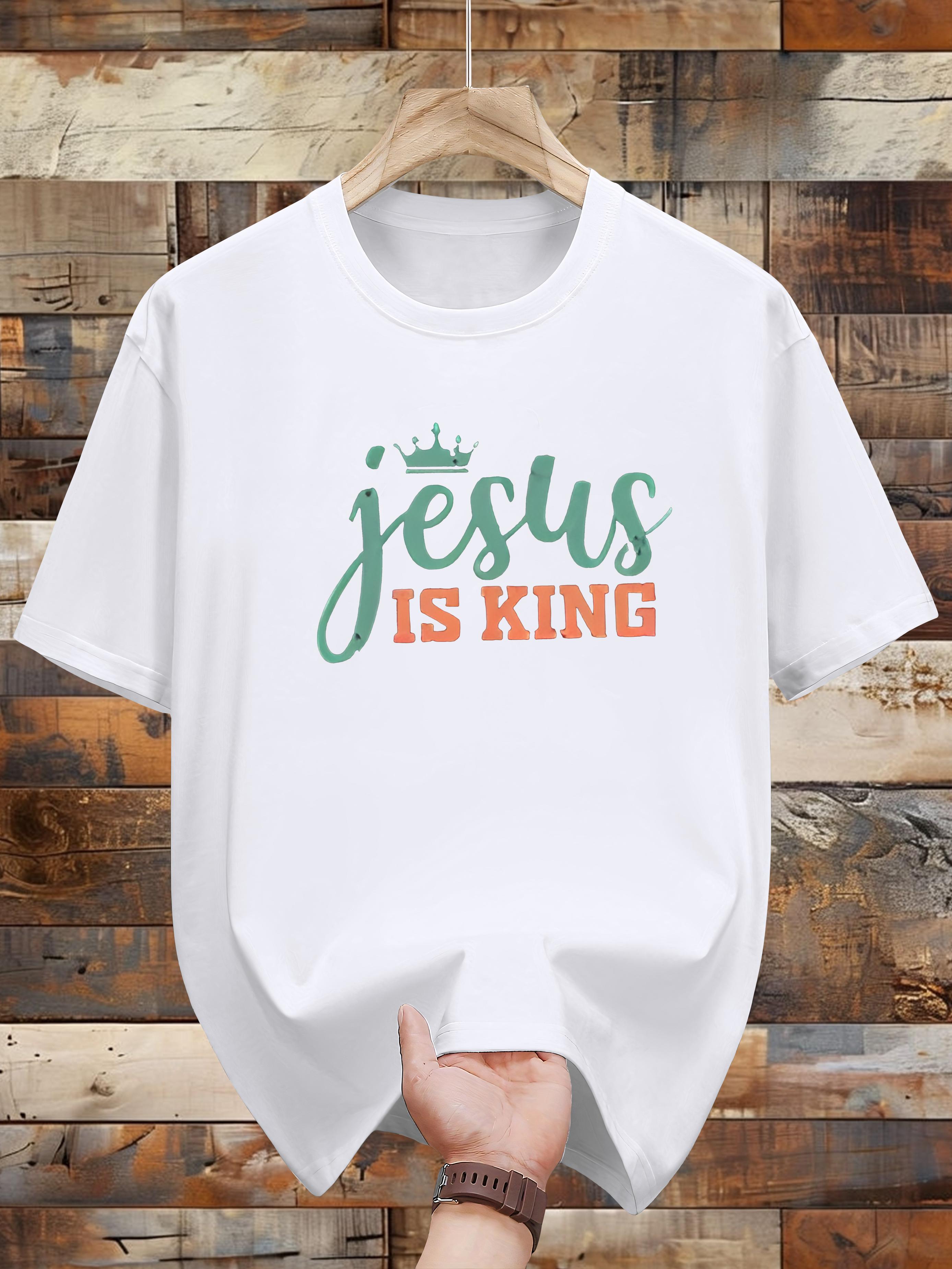 Niuwang Selection 200g 100% Cotton Short Sleeve T-shirt - Jesus is King Graphic Print with Crown Design S