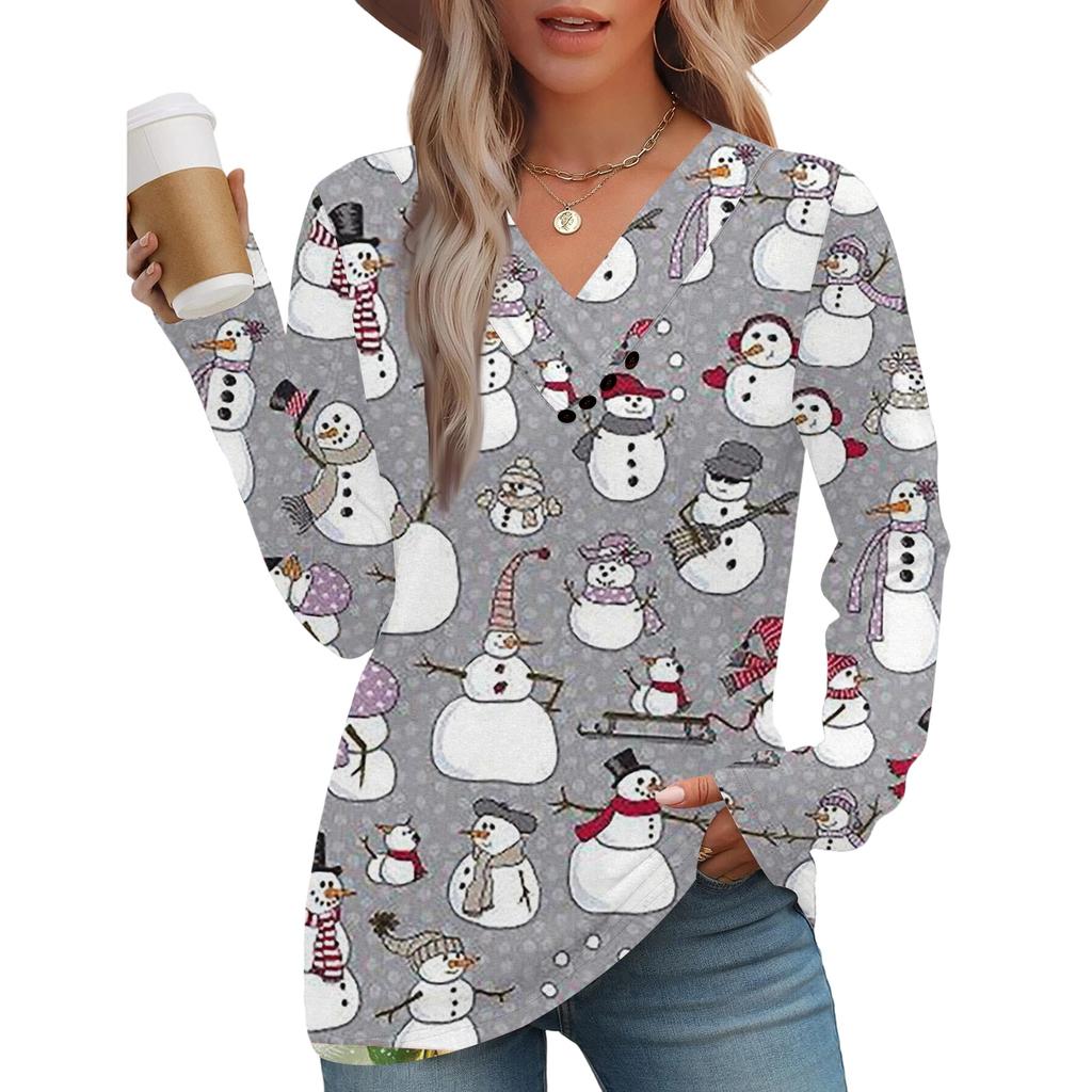 Women's Fashion Casual V-neck Pleated Christmas Long Sleeve Top