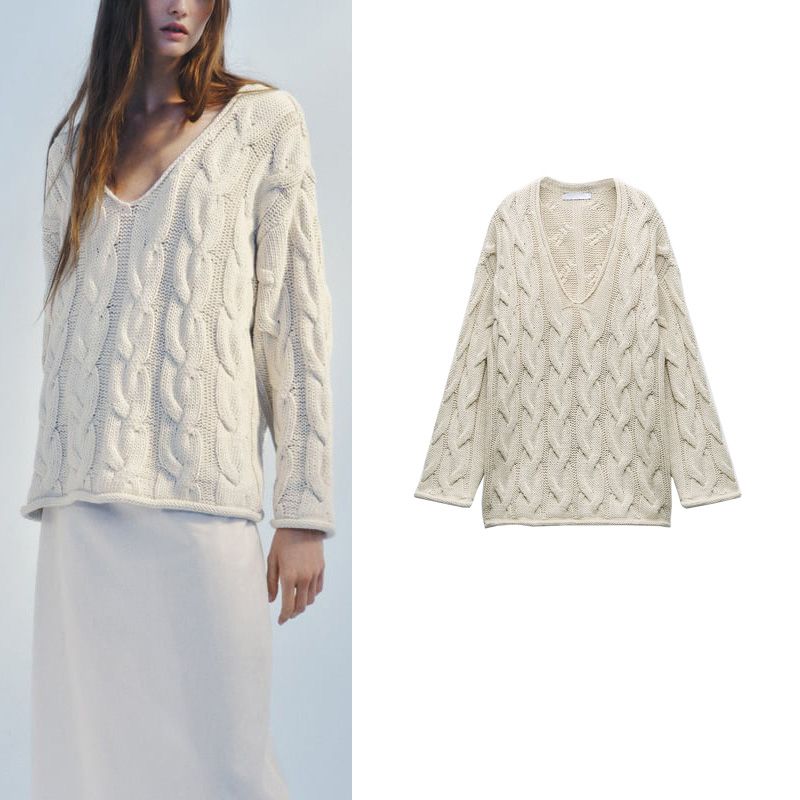 Za Autumn New Pullover Sweater Women's Loose and Lazy Style Curling V Neck Eight-Strand Woven Knitwear 4331123