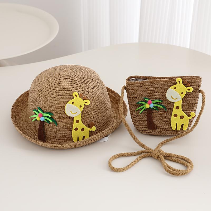 

Cute Kids Straw Hat and Bag Set Giraffe Palm Tree Summer Sun Hat for Toddler Girls Boys Kids Size (50-52cm) кавовий