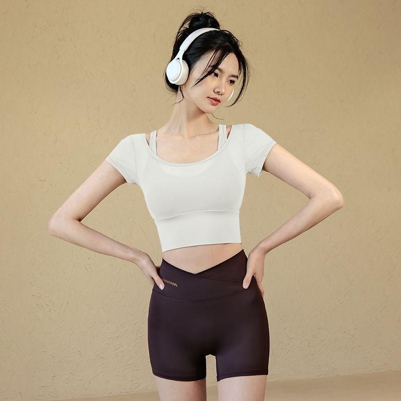 Women Mesh Splice Workout Crop Top Built-in Bra Short Sleeve Yoga Shirt