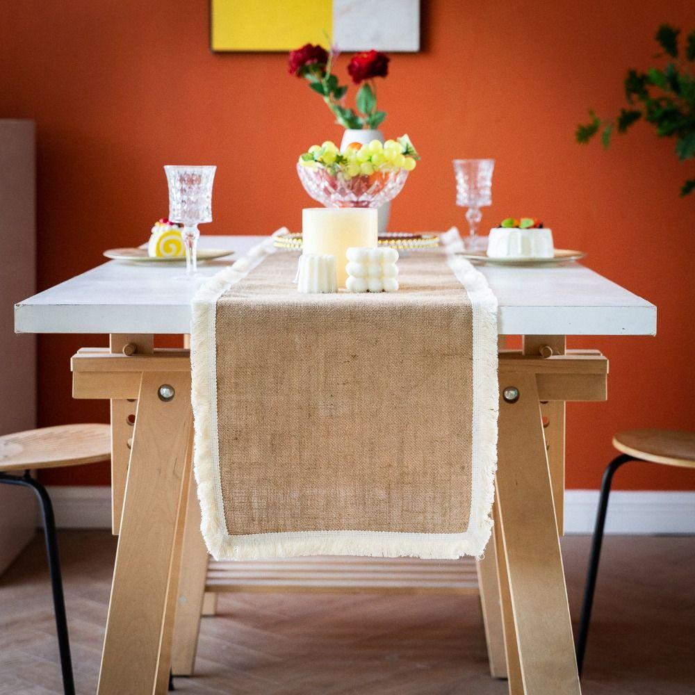 Z frędzlami bieżnik jutowy naturalne materiały obrus bieżnik nakrycie stołu dekoracja stołu