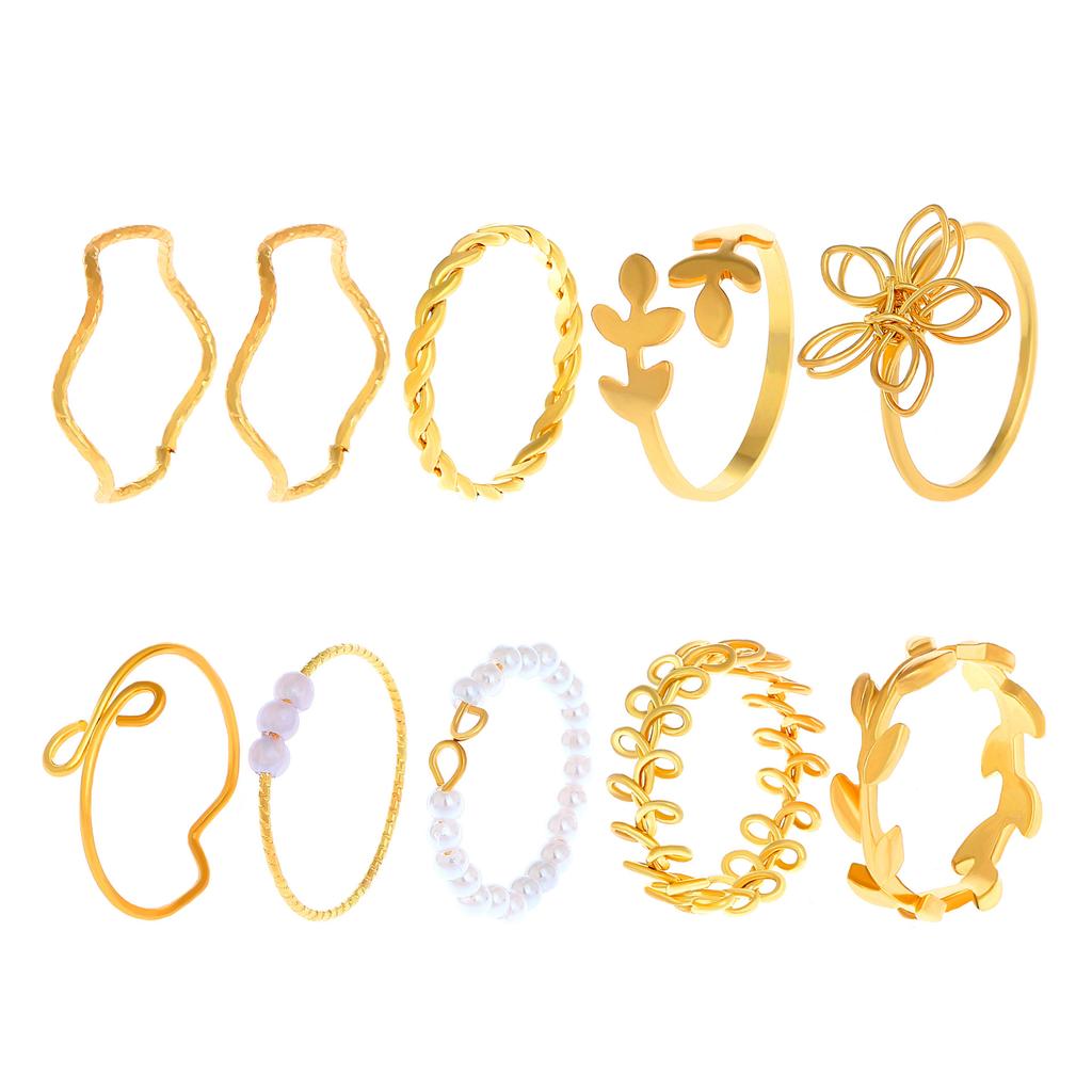 26 Retro Pearl Flower & Leaf Ring Set – Creative 10-Piece Joint Rings for Women