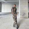 Damen Frühling und Sommer Mode Persönlichkeit Mesh Print Perspektive High-Neck Slim-Fit Kleid