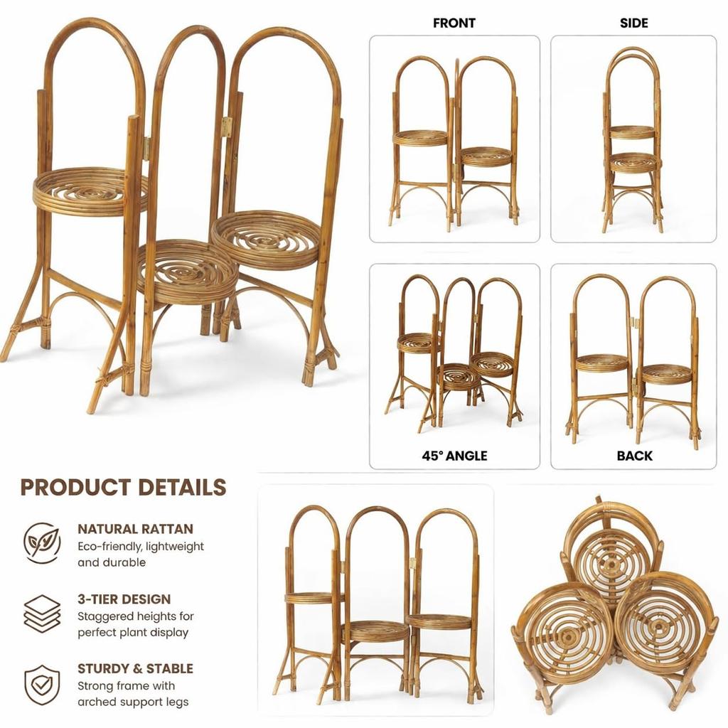 Eco Decx 3 Tier Rattan Plant Stand, Bamboo Indoor Outdoor Flower Pot Stand for Balcony & Living Room Decor, 36 x 33 x 86 cm