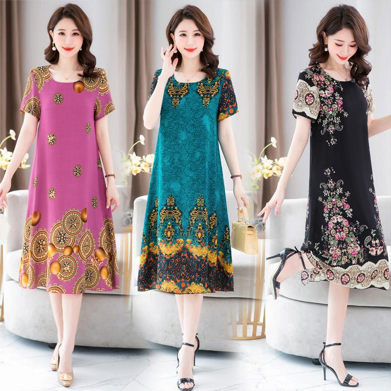 Women's Half Sleeve Print A-Line Dress Crew Neck Loose Waist Casual Summer Midi Rayon Dress For Middle-Aged Mothers Multiple Colors Optional
