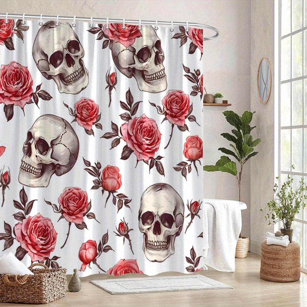 1piece Floral Skull Shower Curtain Vintage Rose Design Shower Curtain, Polyester Fabric, Machine Washable, Suitable for Bathroom