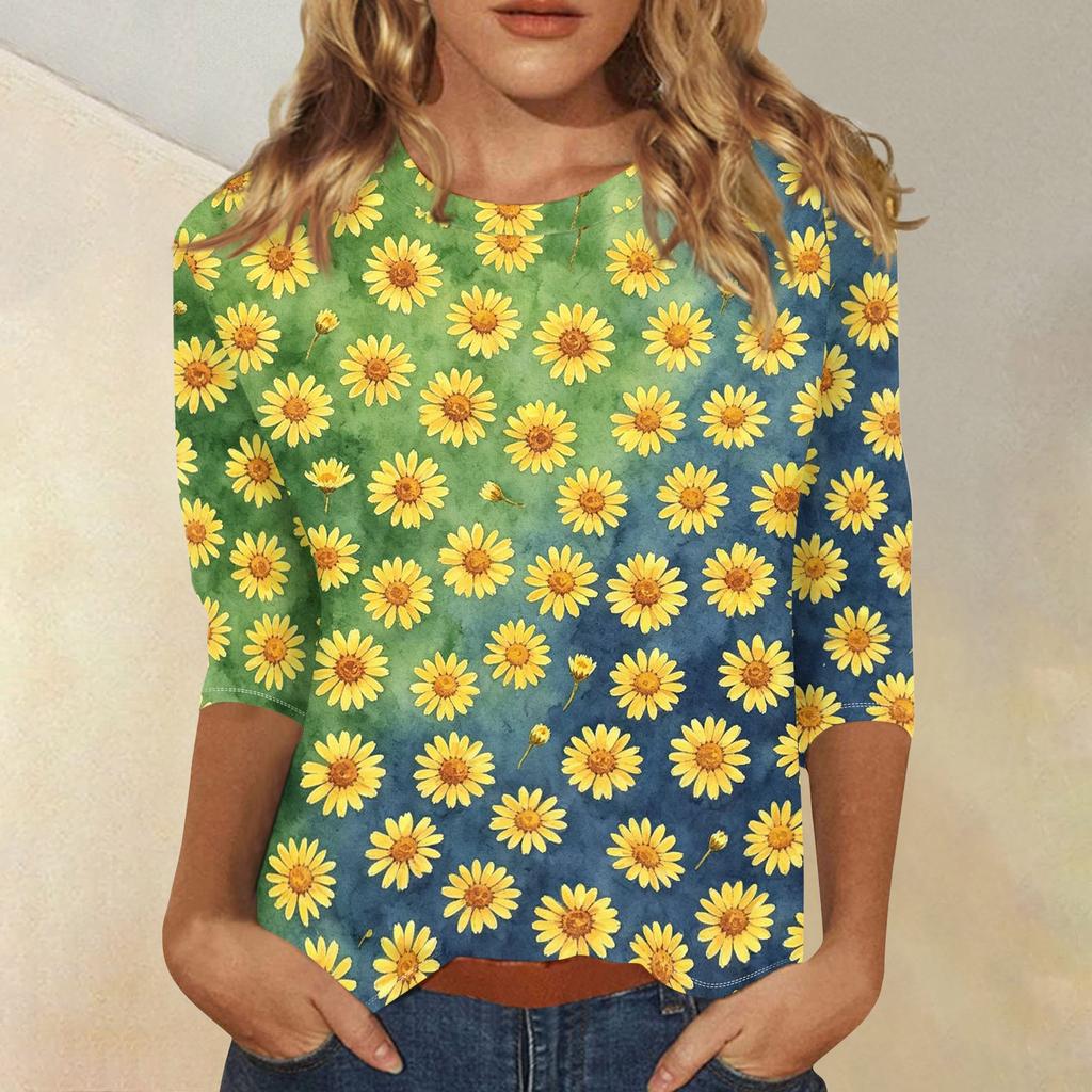 Women's Casual Floral Print Round Neck Three Quarter Sleeve Top Lightweight Comfortable Fit Versatile Daily Wear Blouse