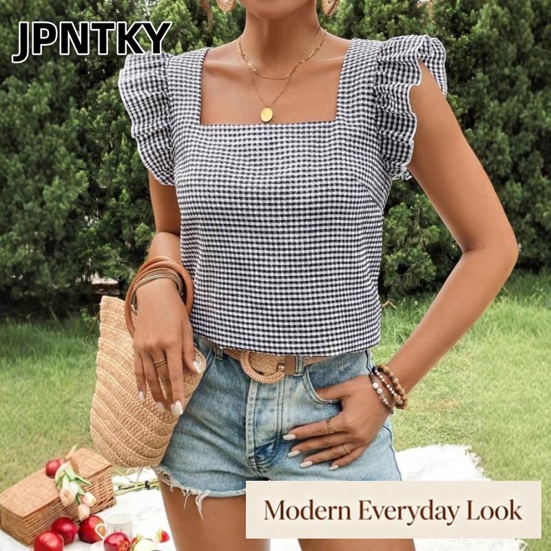 JPNTKY Women's Fashion Casual Square Collar Short Sleeve Blouses & Shirts