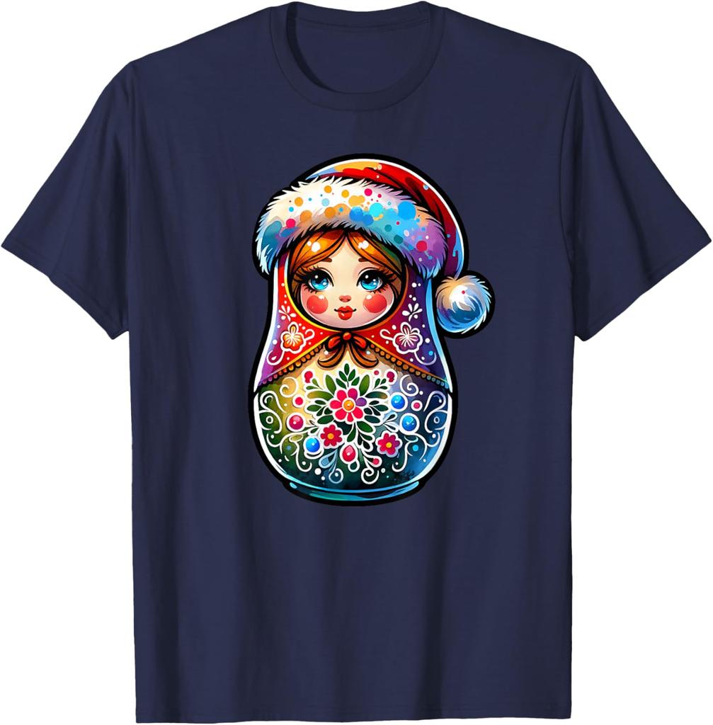 Christmas Matryoshka Doll Graphic Tee Breathable Short Sleeve Casual Round Neck T-Shirt
