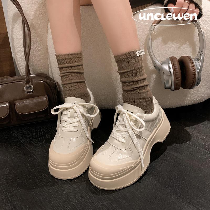 Leather muffin platform casual shoes women's autumn new trendy sports heightening lace-up versatile white shoes