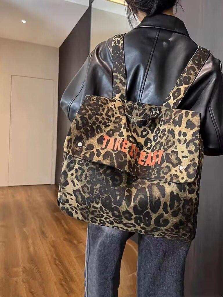 

JIAERDI Sweet Cool Leopard Print Canvas Backpack Large Capacity Travel Student Y2k Backpacks Hot Girls Casual Mochila Aesthetic 37x33x14.5cm