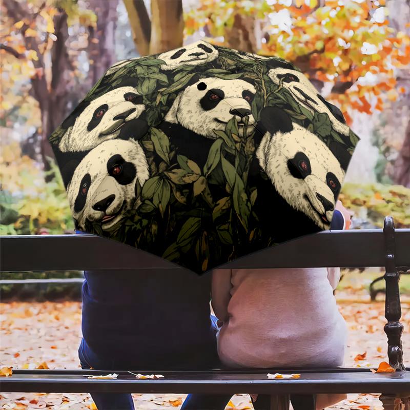 Fantasia panda e erba, ombrello pieghevole automatico, design portatile e pieghevole, 8 stecche, un regalo di Natale o di compleanno.